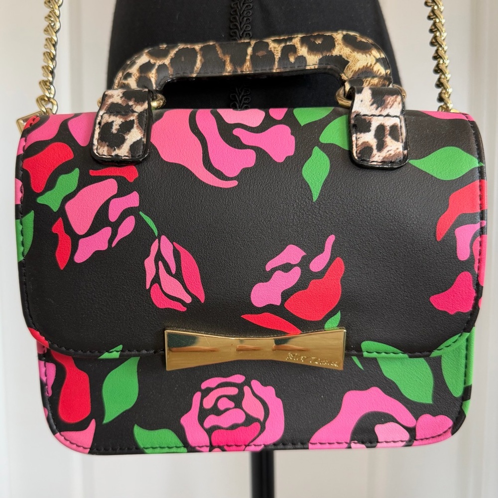 NWOT Betsey Johnson Floral Black Mini Top-Handle/Crossbody Bag with Leopard Trim